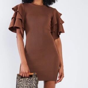 NEW SETTLEDOWN Tiered Bell Sleeves Sweater Mini Dress Size Small Brown  Color.